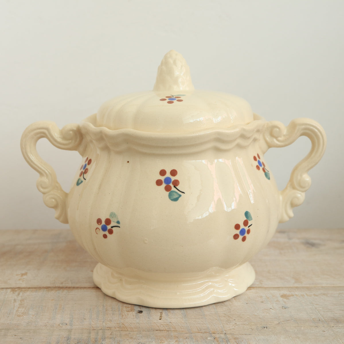 アンティーク シュガーポット シュクリエ 花リム 小花 サルグミンヌ フランス AROMANCHES Digoin & Sarreguemines France