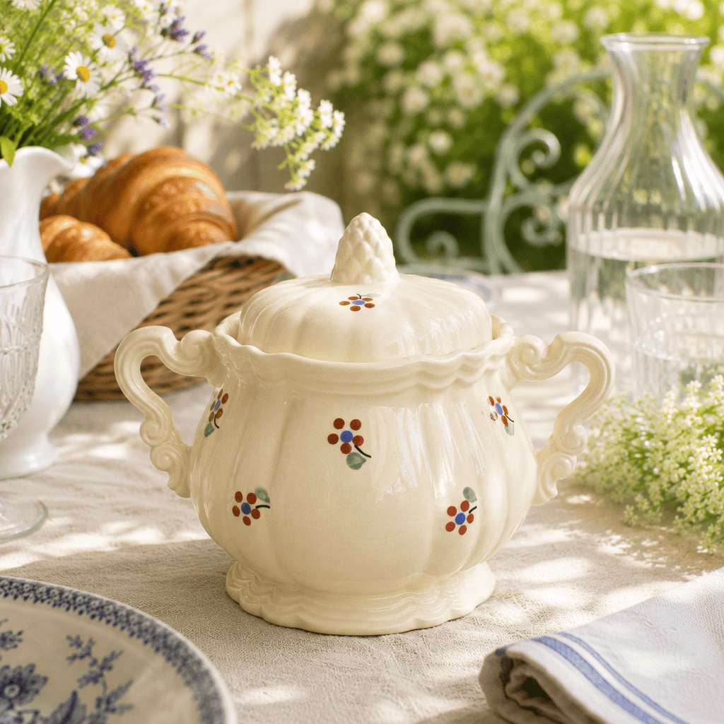 アンティーク シュガーポット シュクリエ 花リム 小花 サルグミンヌ フランス AROMANCHES Digoin & Sarreguemines France