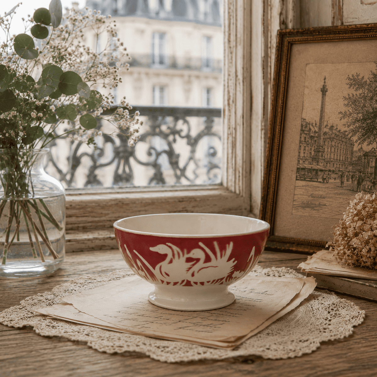 アンティーク カフェオレボウル 白鳥 スワン ワインレッド バドンヴィレー フランス Badonviller FRANCE