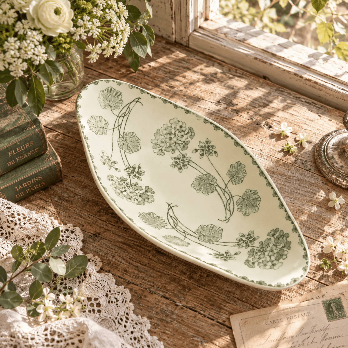 アンティーク ラヴィエ ゼラニウム オーバル皿 サルグミンヌ フランス GERANIUM U&C SARREGUEMINES FRANCE