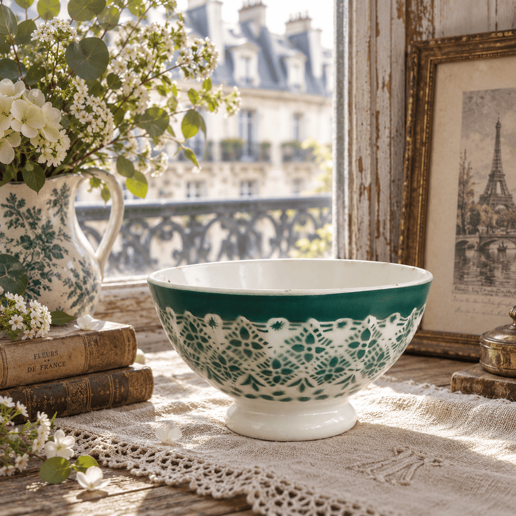 アンティーク カフェオレボウル モロッコ グリーン レース サンタマン フランス SAINT AMAND AMANDINOISE FRANCE