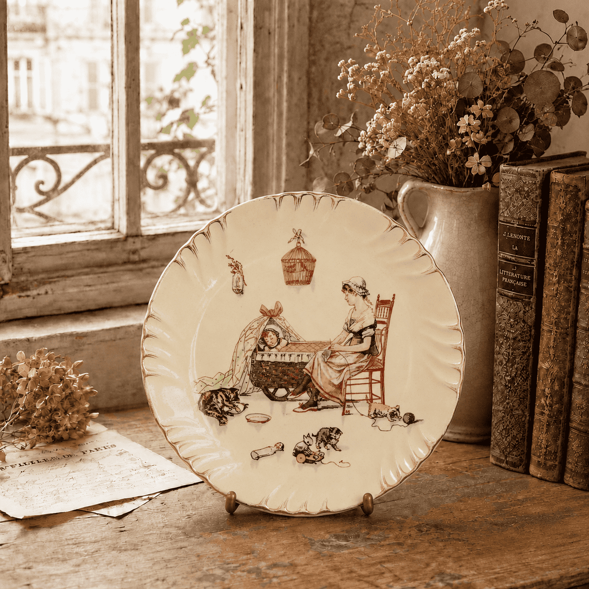 アンティーク プレート 絵皿 サルグミンヌ フランス LA NOURRICE BEBE DORT U&C SARREGUEMINES FRANCE