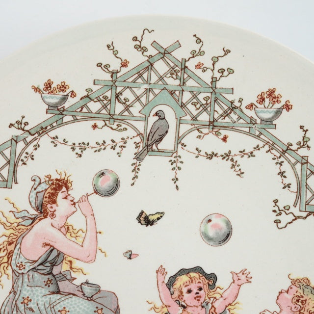 アンティークプレート Les petites filles et les bulles de savon フランス サルグミンヌ製 U&C SARREGUEMINES