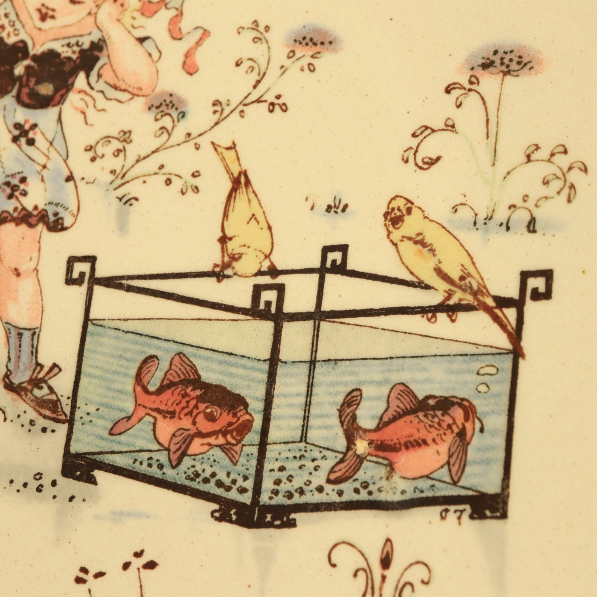 アンティークプレート 絵皿 Les petites filles et l'aquarium フランス サルグミンヌ製 U&C SARREGUEMINES