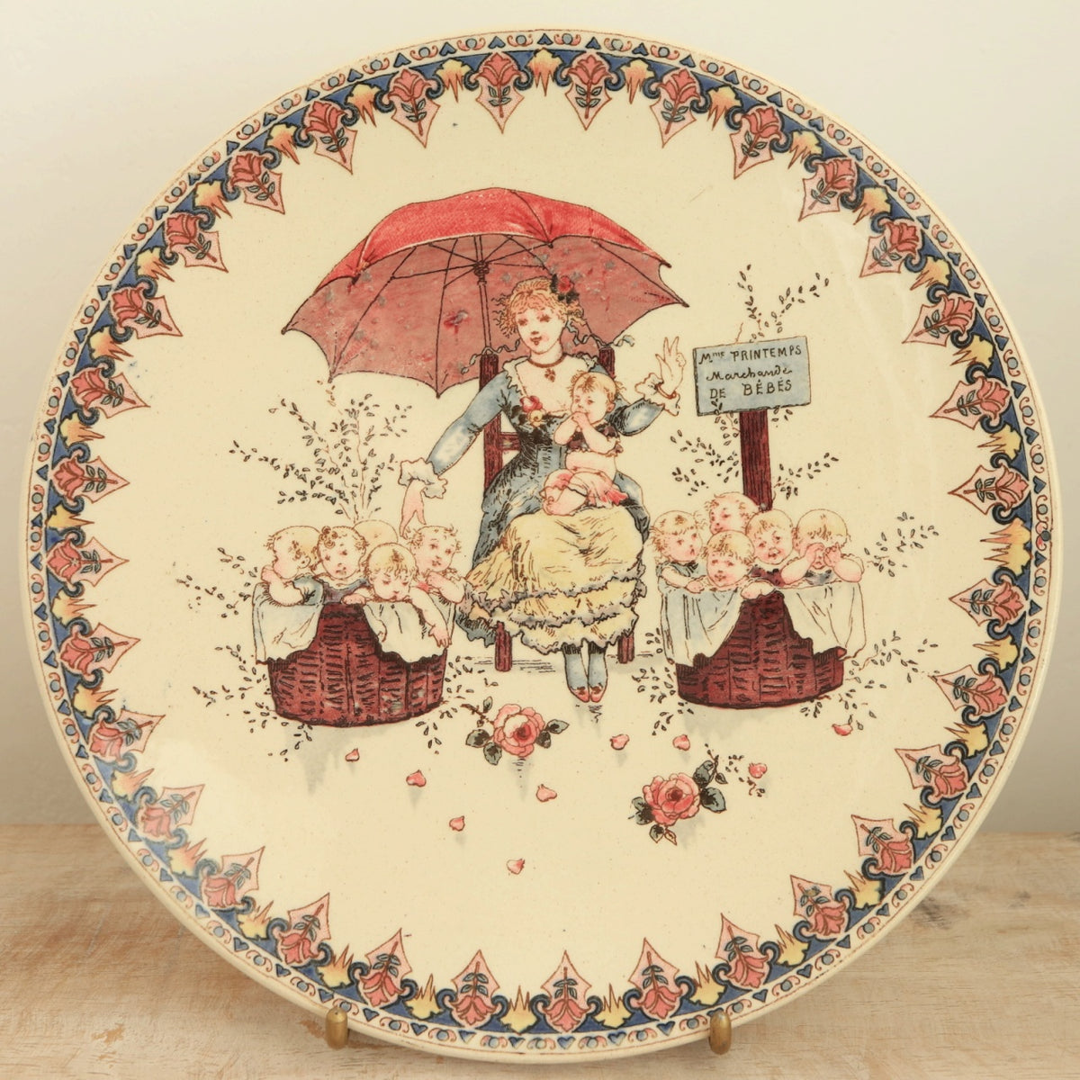 アンティークプレート 絵皿 Madame Printemps フランス サルグミンヌ製 U&C SARREGUEMINES